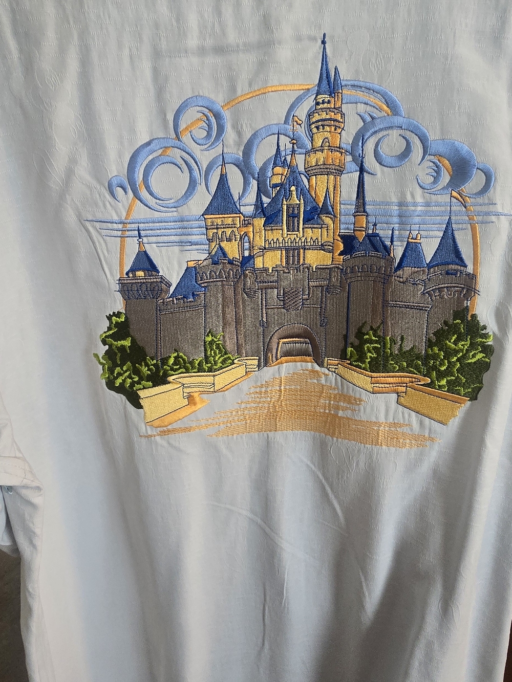 Disney Men’s Short Sleeve Shirt - White with Blue & Gold Castle Embroidery